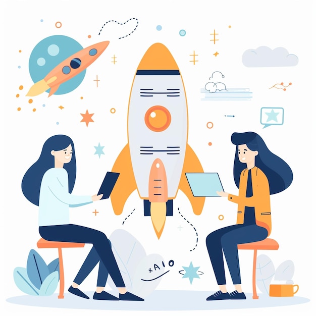 Photo innovative startup development concept featuring two women collaborating on digital devices surrounded by rocket and creative elements this illustration captures excitement of entrepreneurship and t