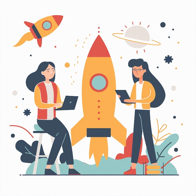 Innovative startup development concept featuring two women working on laptops beside colorful rocket scene captures creativity and ambition in vibrant modern style