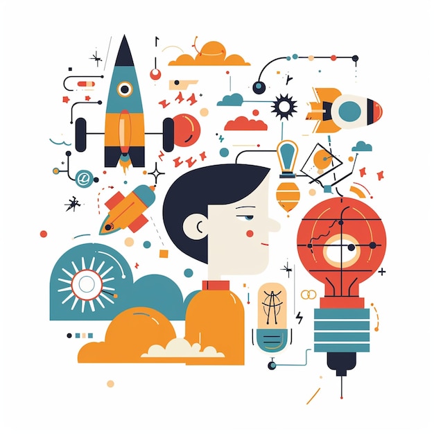 Photo innovative startup development concept featuring young man rockets light bulbs and abstract elements this vibrant illustration captures essence of creativity and technology