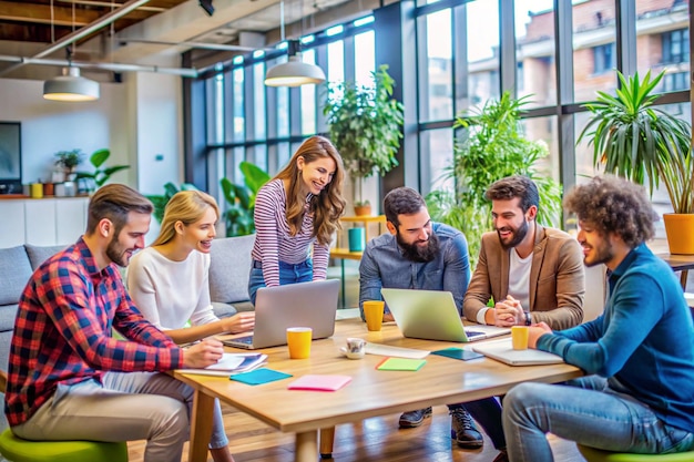 Innovative startup team engaged in creative brainstorming in a modern coworking space