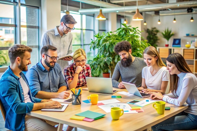 Innovative startup team engaged in creative brainstorming in a modern coworking space