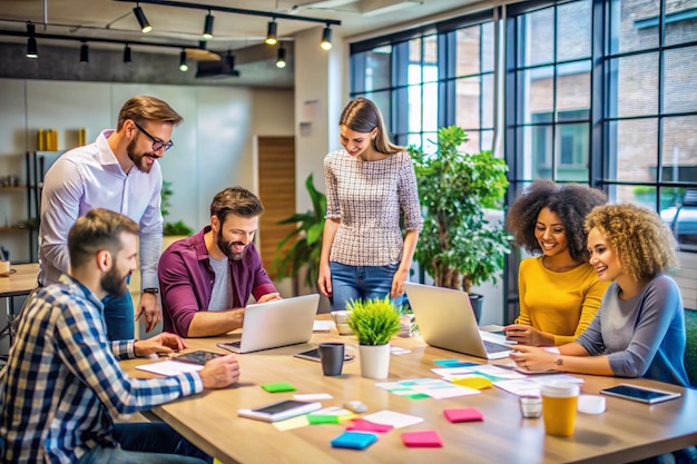 Innovative startup team engaged in creative brainstorming in a modern coworking space