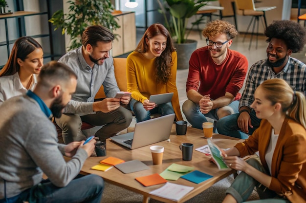 Innovative startup team engaged in creative brainstorming in a modern coworking space