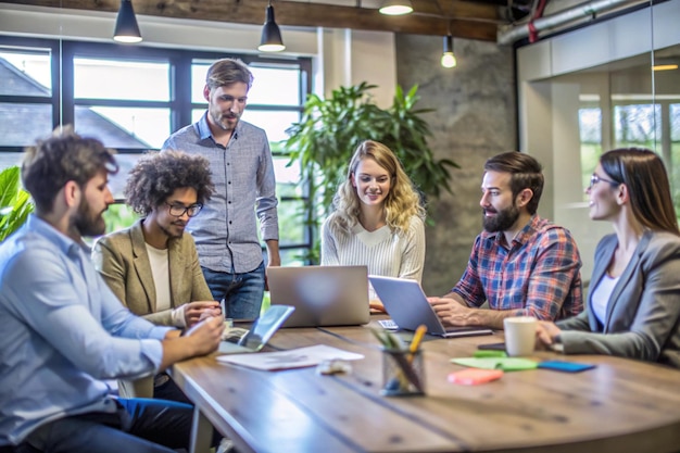 Photo innovative startup team engaged in creative brainstorming in a modern coworking space