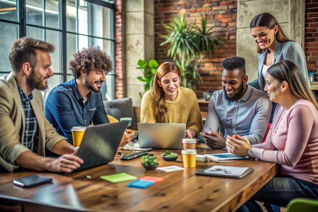 Photo innovative startup team engaged in creative brainstorming in a modern coworking space