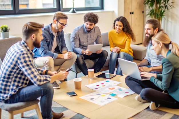 Photo innovative startup team engaged in creative brainstorming in a modern coworking space