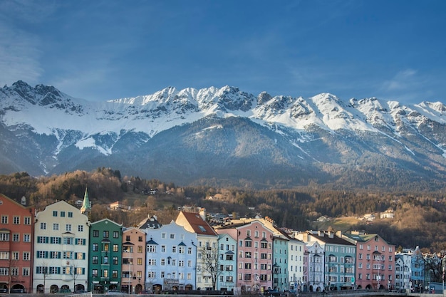 Innsbruck Austria 9 Jan 2020 View of the old town colored houses in traditional style under the massif of snowy Austrian Alps