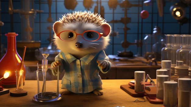 An inquisitive 3D hedgehog scientist conducting experiments with mini lab equipment