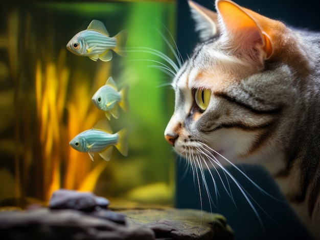 Inquisitive cat peering into an open fish tank with fascination