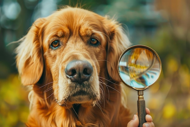 Photo inquisitive dog with magnifying glass