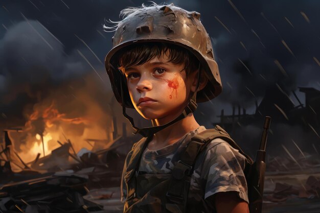 Inquisitive Soldier kid in ruined city building Generate ai