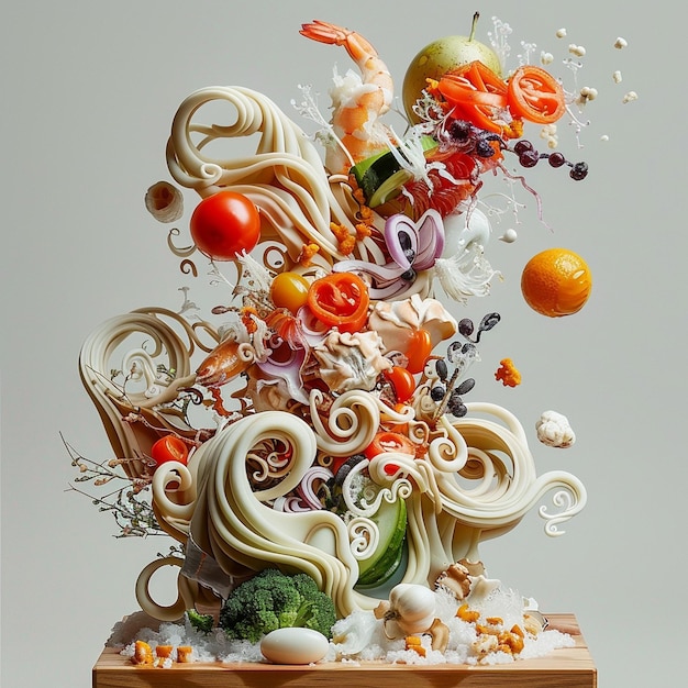 Photo insanely detailed and elegant food jumping scene