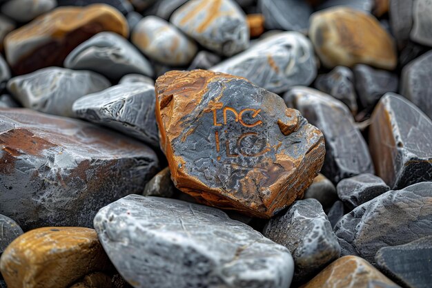 Inscribed Stone Among Pebbles With Ice Carved on It