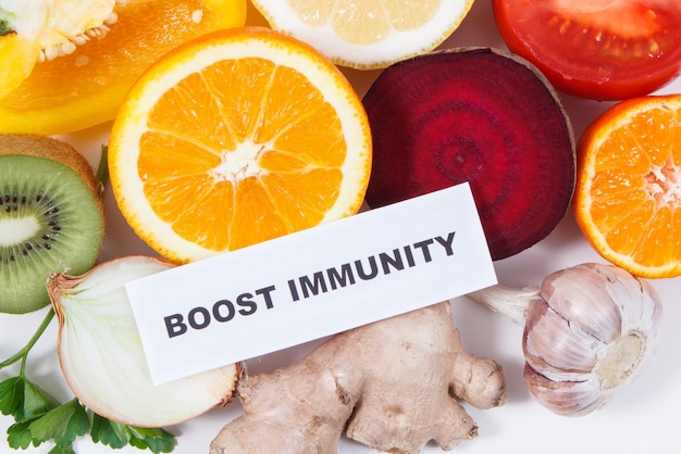 Photo inscription boost immunity fresh healthy fruits and vegetables containing vitamins immune boosting in times of covid19