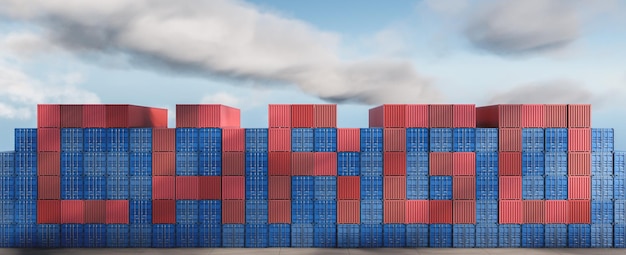 The inscription Cargo from red and blue cargo containers stacked in a terminalport