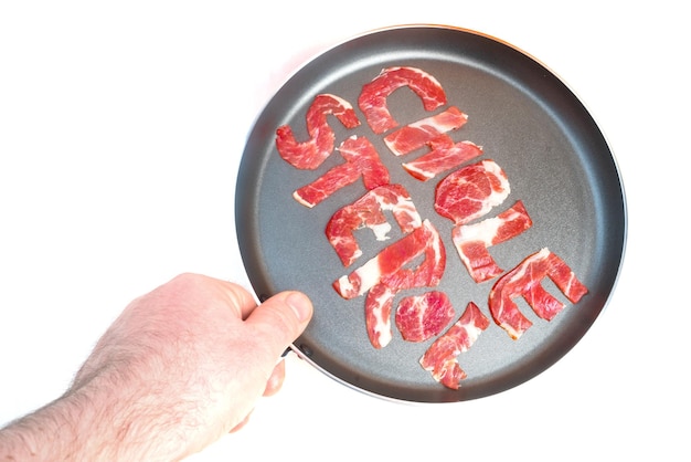 The inscription CHOLESTEROL on the teflon frying pan lined with pieces of raw meat