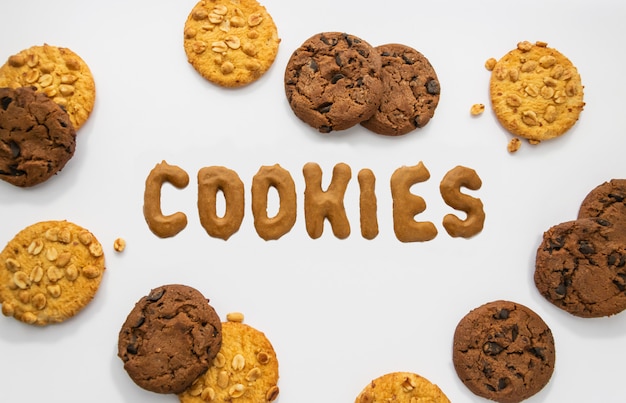 Inscription Cookies and homemade cookies with peanuts and chocolate