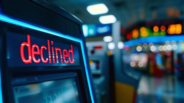 The inscription Declined on the terminal screen for paying for purchases in store Closeup photo