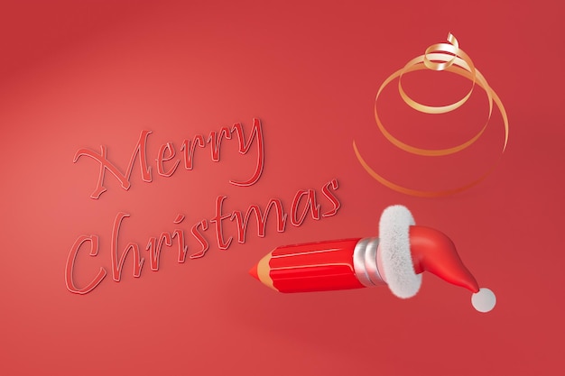 The inscription of a merry Christmas made in pencil in a New Year's hat on a red background