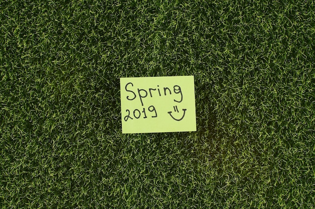 Inscription Spring 2019 on a yellow sticker on a background of green grass