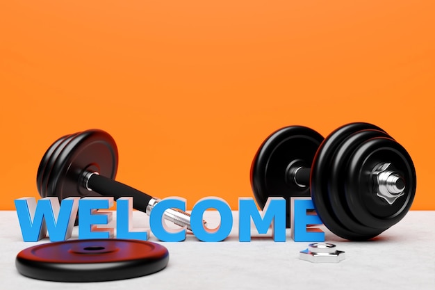 The inscription welcome on the background of a black metallic dumbbell on a orange background sports invitation