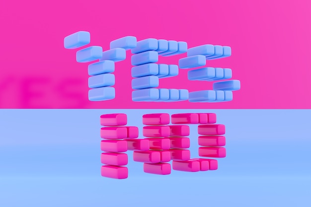 Inscription YES and NO made from pink and blue cubes on a monochrome isolated background.