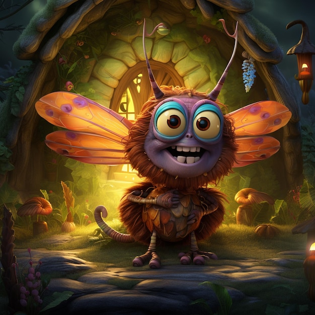 Insect cartoon character at fairy house generated by AI