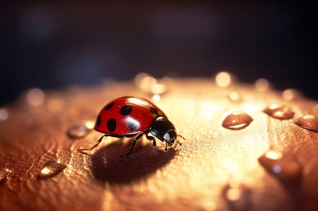 Insect ladybug on the street in dewdrops