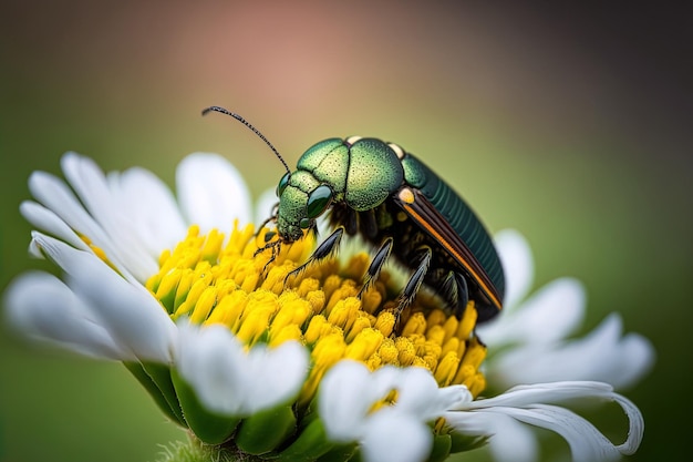 An insect that prays and a flower green background fuzzy focused just partially