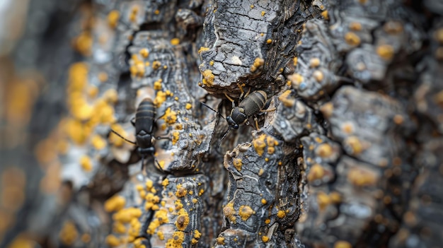 Insects crawling on bark of small plum tree in early spring