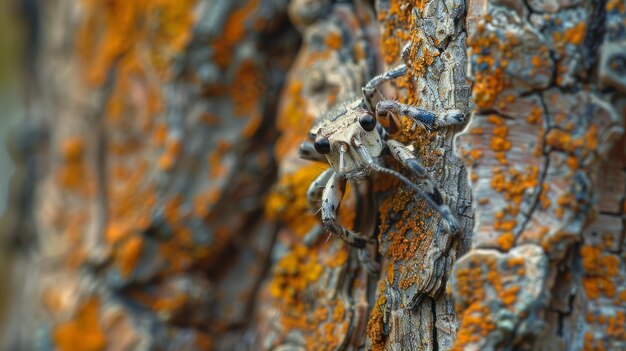 Insects crawling on bark of small plum tree in natural setting