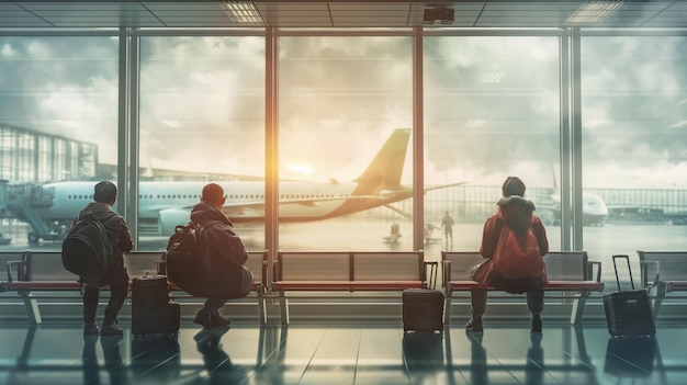 Inside airport terminal where passengers are waiting Group of travelers is gathered