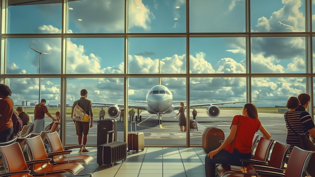 Inside airport terminal where passengers are waiting Group of travelers is gathered