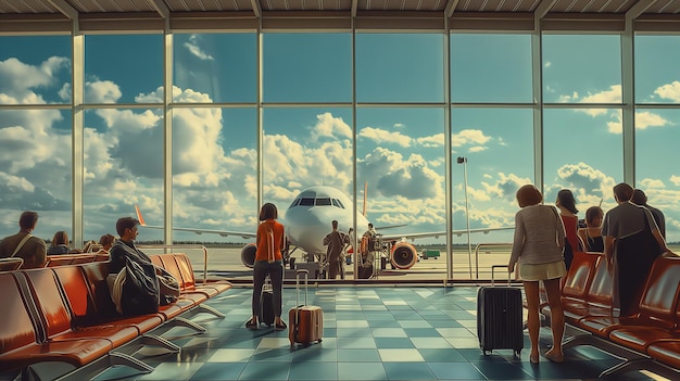 Inside airport terminal where passengers are waiting Group of travelers is gathered