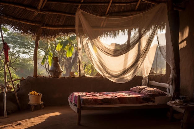 Inside the bedroom that made of wooden thatched with mosquito net