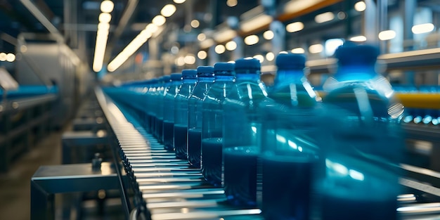 Photo inside a beverage factory conveyor belt of juice bottles in blue concept beverage factory conveyor belt juice bottles blue color industrial machinery