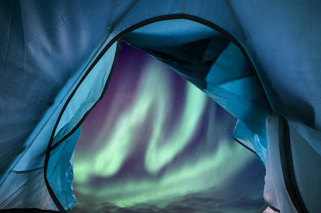 Inside of blue tent camping with aurora borealis flying in the night sky