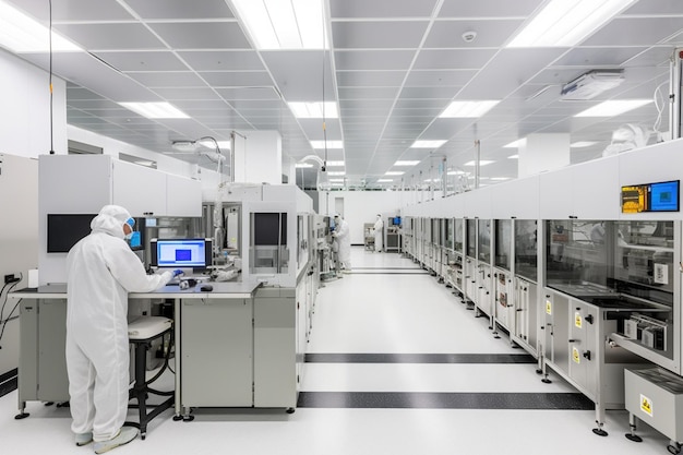 Inside Bright Advanced Semiconductor Production Fab Cleanroom with Working Overhead Wafer Transfer