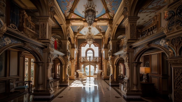 The inside of the building is decorated with a blue and white ceiling and a chandelier that says'the inside is painted '