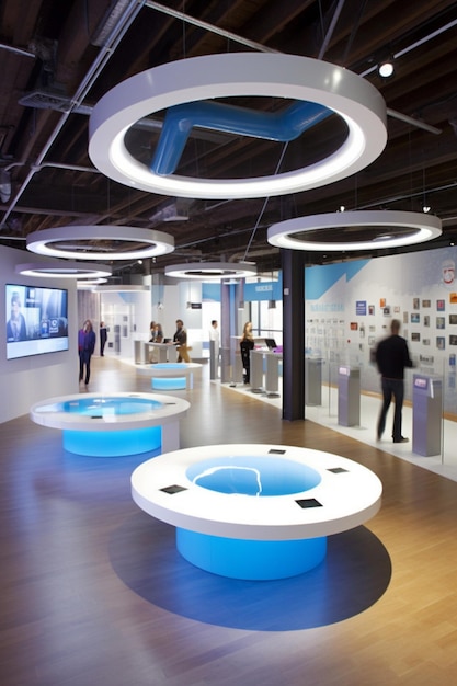 The inside of a building with a blue table that says'time'on it