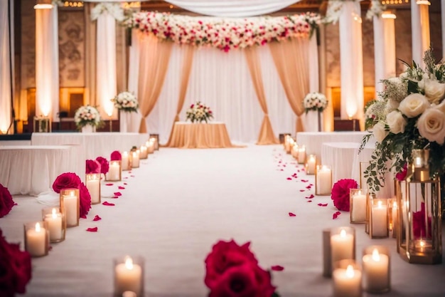 the inside of a building with flowers and candles