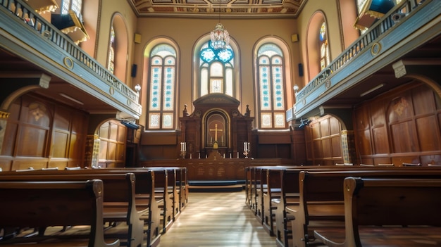 Inside of a Church With Pews and Stained Glass Windows