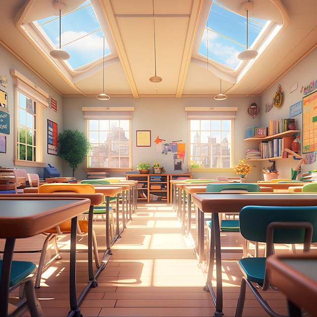 the inside of a classroom in a school in style of pixar