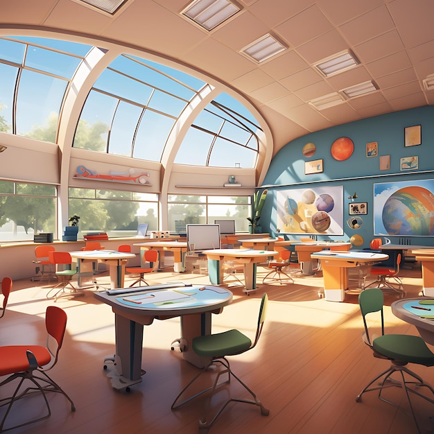 the inside of a classroom in a school in style of pixar