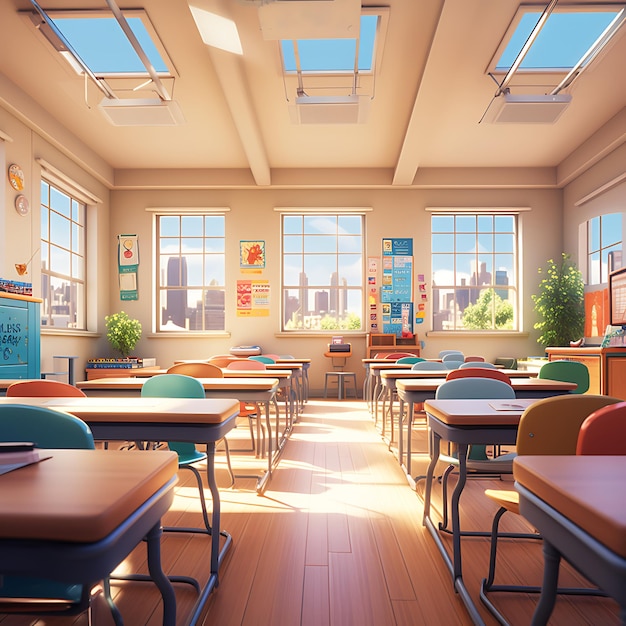 the inside of a classroom in a school in style of pixar