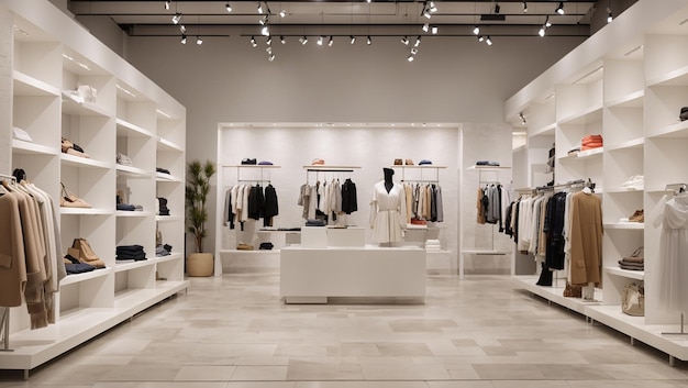 inside of a clothing store There are clothes on shelves and racks and a white counter in the cente