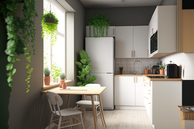 Inside of a contemporary kitchen comfortable but compact kitchen There is a table with a green plant in the foreground