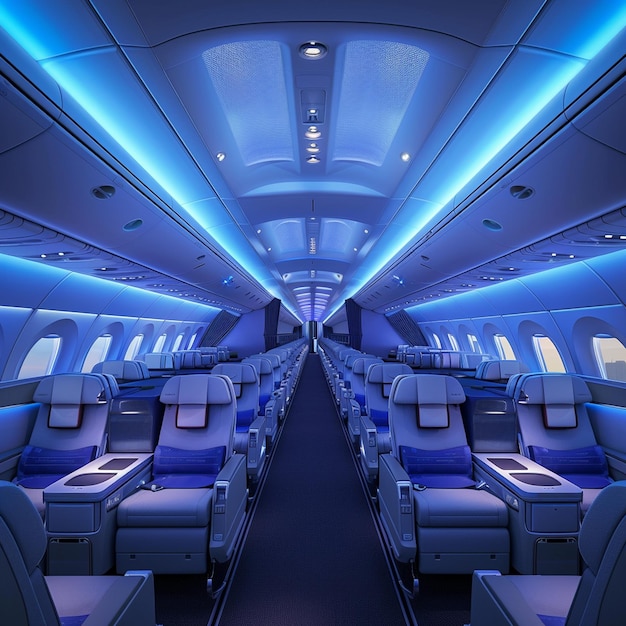 Inside a dreamliner airplane with blue lighting