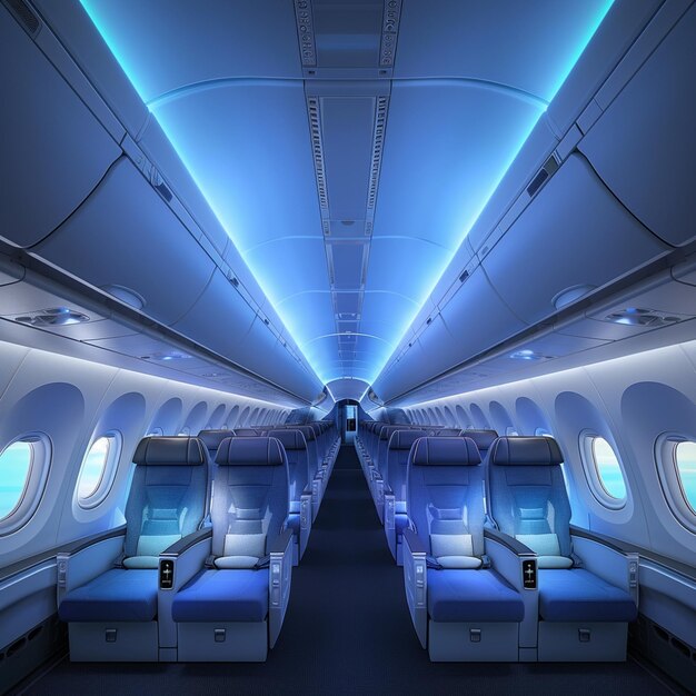 Photo inside a dreamliner airplane with blue lighting