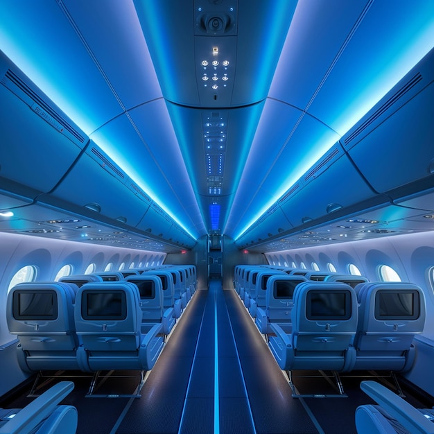 Photo inside a dreamliner airplane with blue lighting